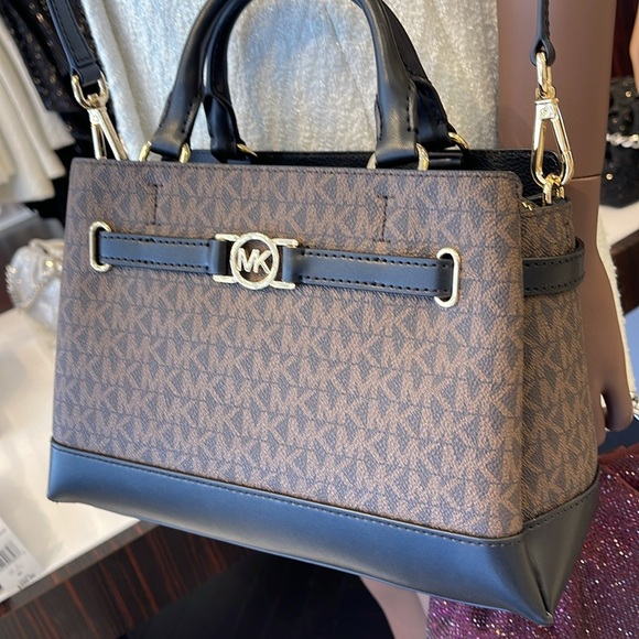 Michael Kors Reed Small Belted Logo Satchel Crossbody CZ Bag Purse
Brown/Black - Picture 13 of 16